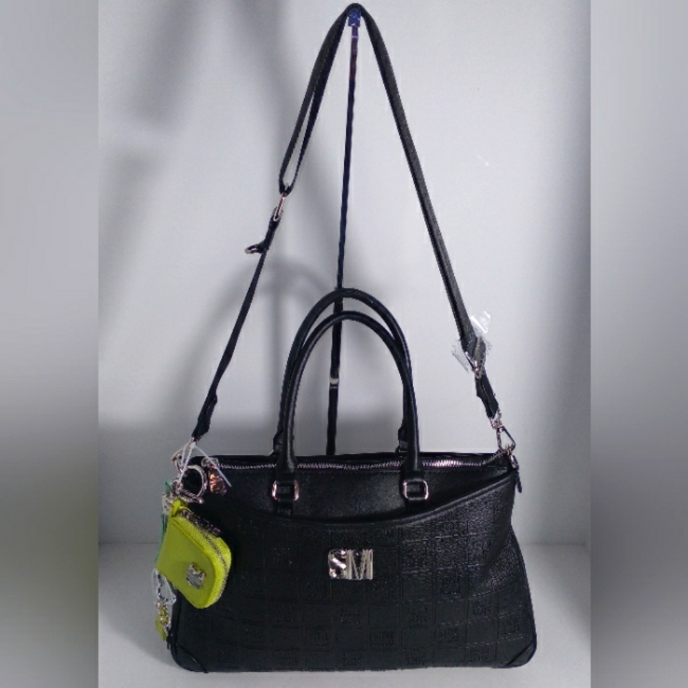 Steve Madden BGAIA Black Satchel Handbag with Lime Green Pouch & Bag Charms